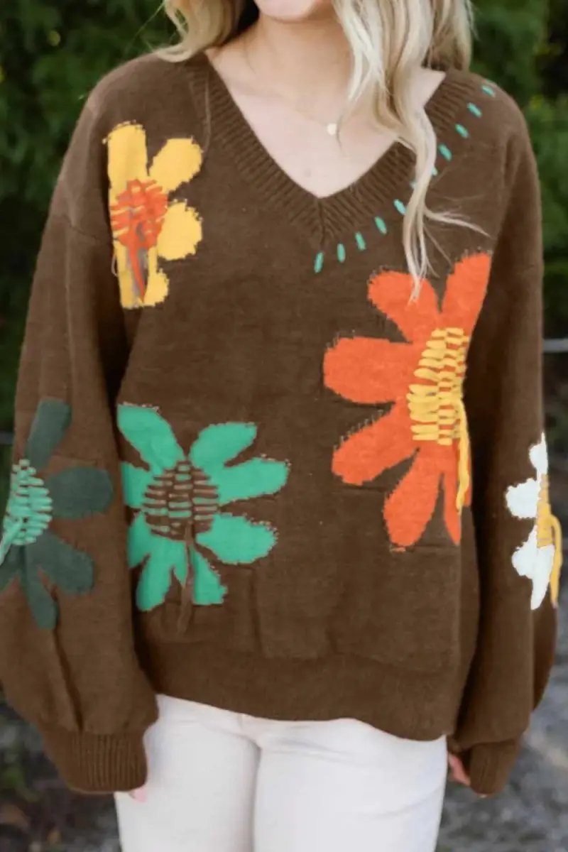 Flower V-Neck Dropped Shoulder Sweater - Love Salve